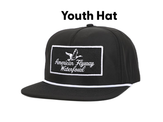 Youth Throwback Vintage Rope Hat Black w Patch and White Rope